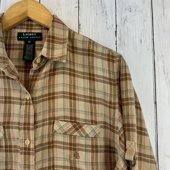 Lauren Ralph Lauren Plaid Linen Roll Up Buckle Sleeve Button-Down Size Medium - Picture 3 of 16